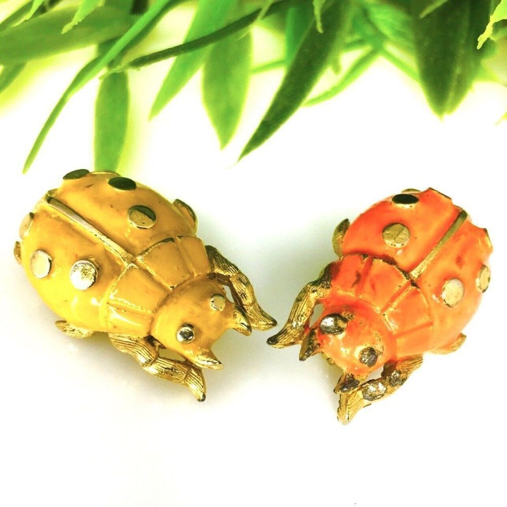 2 Vintage Les Bernard Beetle Bug Enamel Brooch Pin Orange Yellow Costume 4240 70$